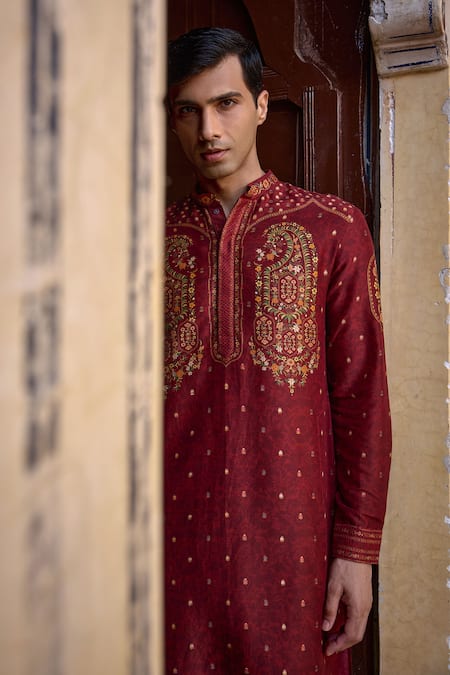 Shop_Kalista_Maroon Chanderi Silk Embroidery Taimur Paisley Motif Kurta And Churidar Set 