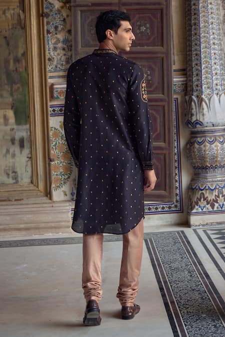 Shop_Kalista_Blue Chanderi Silk Embroidery Taimur Paisley Motif Kurta Set _at_Aza_Fashions