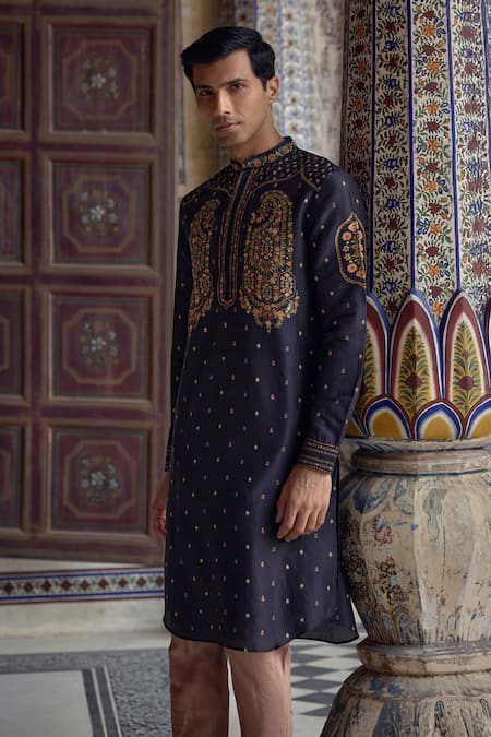Kalista_Blue Chanderi Silk Embroidery Taimur Paisley Motif Kurta Set _Online_at_Aza_Fashions