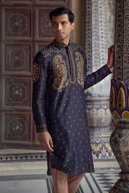 Buy_Kalista_Blue Chanderi Silk Embroidery Taimur Paisley Motif Kurta Set _Online_at_Aza_Fashions
