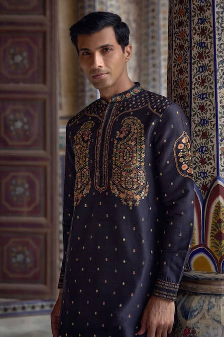 Shop_Kalista_Blue Chanderi Silk Embroidery Taimur Paisley Motif Kurta Set _Online_at_Aza_Fashions