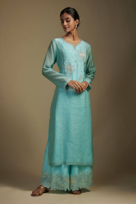 Nadima Saqib Blue Tissue, Georgette, Denim Applique, Sequins, Floral Kurta Palazzo Set Online at Aza Fashions Nadima Saqib_Blue Tissue, Georgette, Denim Applique, Sequins, Floral Kurta Palazzo Set _Online_at_Aza_Fashions