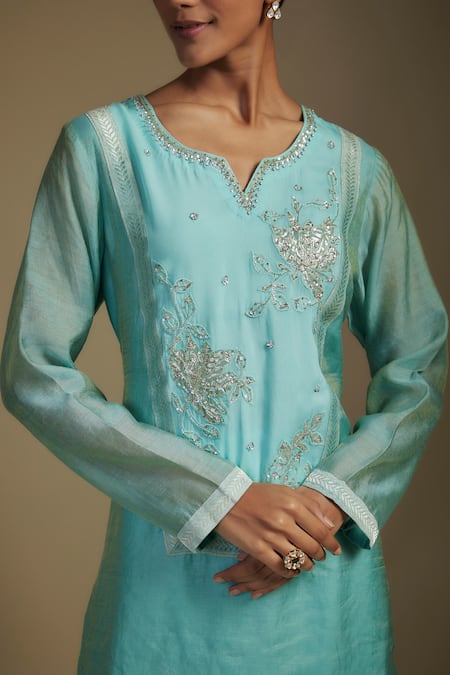 Buy Nadima Saqib Blue Tissue, Georgette, Denim Applique, Sequins, Floral Kurta Palazzo Set Online at Aza Fashions Buy_Nadima Saqib_Blue Tissue, Georgette, Denim Applique, Sequins, Floral Kurta Palazzo Set _Online_at_Aza_Fashions