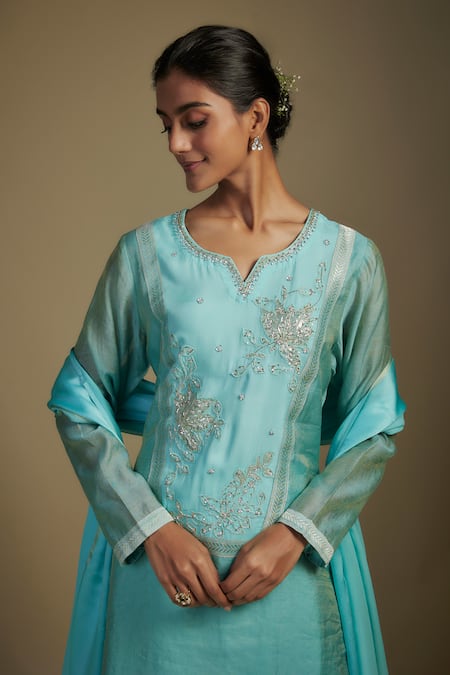Shop Nadima Saqib Blue Tissue, Georgette, Denim Applique, Sequins, Floral Kurta Palazzo Set Online at Aza Fashions Shop_Nadima Saqib_Blue Tissue, Georgette, Denim Applique, Sequins, Floral Kurta Palazzo Set _Online_at_Aza_Fashions