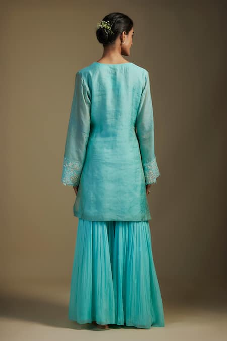 Shop_Nadima Saqib_Sky Blue Organza, Tissue, Georgette Sequins, Applique Foliage Kurta Gharara Set _at_Aza_Fashions