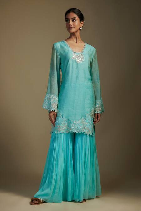 Nadima Saqib_Sky Blue Organza, Tissue, Georgette Sequins, Applique Foliage Kurta Gharara Set _Online_at_Aza_Fashions