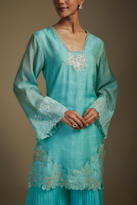Buy_Nadima Saqib_Sky Blue Organza, Tissue, Georgette Sequins, Applique Foliage Kurta Gharara Set _Online_at_Aza_Fashions