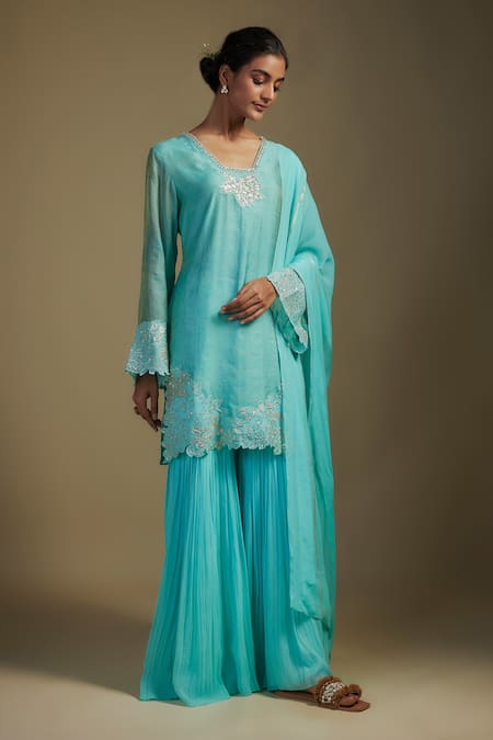 Shop_Nadima Saqib_Sky Blue Organza, Tissue, Georgette Sequins, Applique Foliage Kurta Gharara Set _Online_at_Aza_Fashions