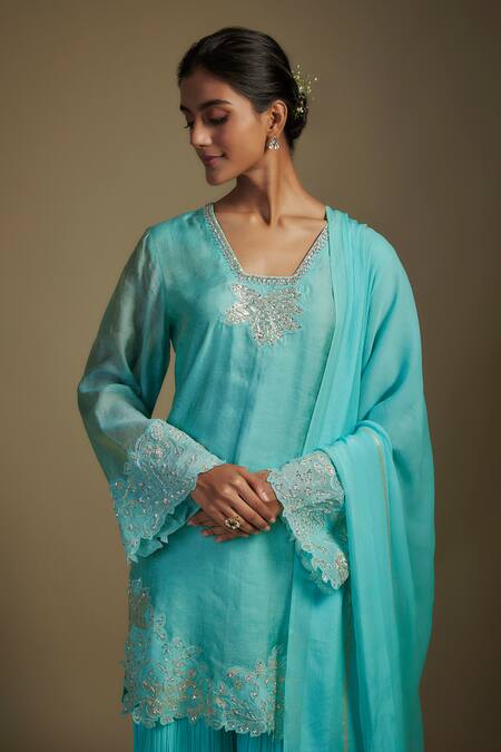 Nadima Saqib_Sky Blue Organza, Tissue, Georgette Sequins, Applique Foliage Kurta Gharara Set _at_Aza_Fashions