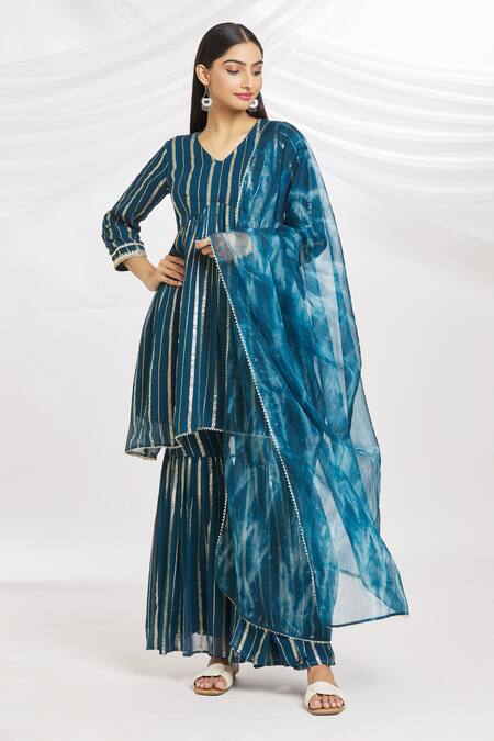 Samyukta Singhania_Blue Dupatta Organza, Kurta And Sharara Viscose Glittery Striped V Neck Set_at_Aza_Fashions