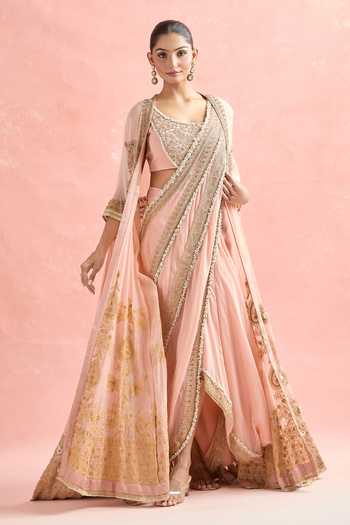 Buy_Anamika Khanna_Pink Silk, Chiffon Pearls, Zari Mandala Butti Embroidered Jacket And Skirt Set _Online_at_Aza_Fashions