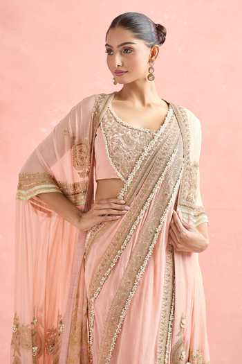 Shop_Anamika Khanna_Pink Silk, Chiffon Pearls, Zari Mandala Butti Embroidered Jacket And Skirt Set _Online_at_Aza_Fashions
