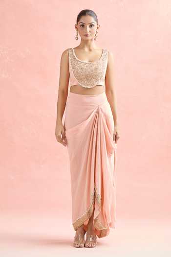 Anamika Khanna_Pink Silk, Chiffon Pearls, Zari Mandala Butti Embroidered Jacket And Skirt Set _at_Aza_Fashions