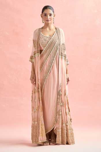 Buy_Anamika Khanna_Pink Silk, Chiffon Pearls, Zari Mandala Butti Embroidered Jacket And Skirt Set 
