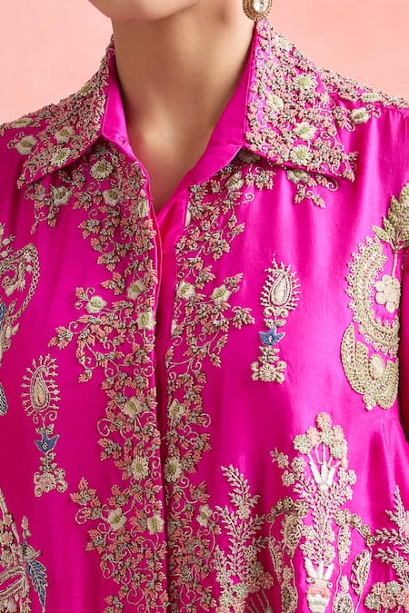 Anamika Khanna_Fuchsia Cotton Zari, Beads, Embroidery Collared Floral Tunic And Sharara Set_Online_at_Aza_Fashions