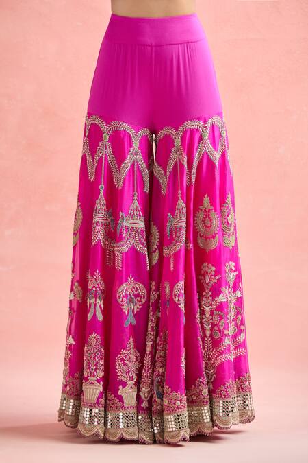 Buy_Anamika Khanna_Fuchsia Cotton Zari, Beads, Embroidery Collared Floral Tunic And Sharara Set_Online_at_Aza_Fashions