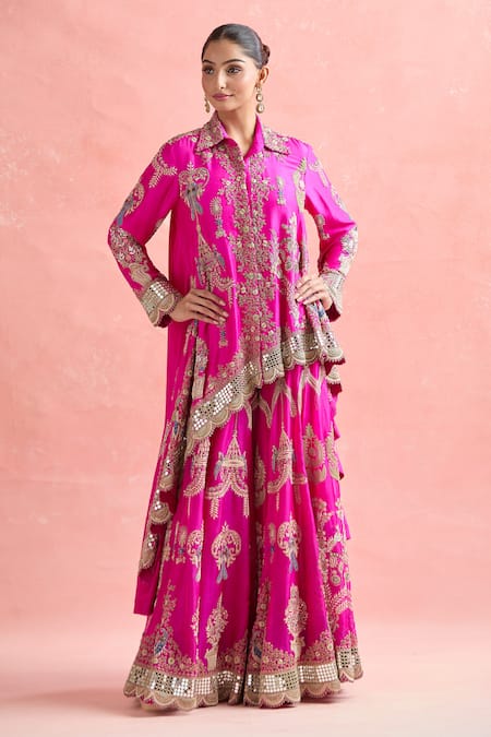 Shop_Anamika Khanna_Fuchsia Cotton Zari, Beads, Embroidery Collared Floral Tunic And Sharara Set_Online_at_Aza_Fashions