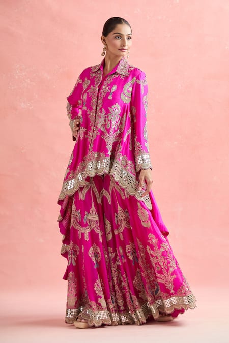Anamika Khanna_Fuchsia Cotton Zari, Beads, Embroidery Collared Floral Tunic And Sharara Set_at_Aza_Fashions
