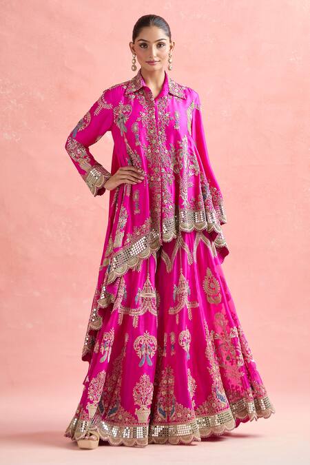 Buy_Anamika Khanna_Fuchsia Cotton Zari, Beads, Embroidery Collared Floral Tunic And Sharara Set