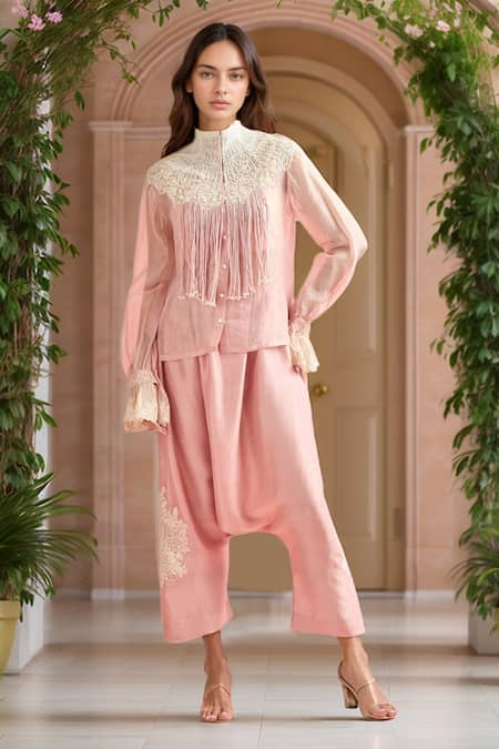 Anamika Khanna Beads Embroidered Yoke Shirt & Cowl Pant Set 