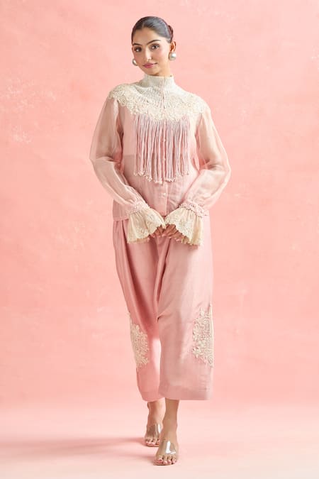 Anamika Khanna Pink Silk Embroidery, Beads High Neck Floral Shirt And Cowl Pant Set Online at Aza Fashions Anamika Khanna_Pink Silk Embroidery, Beads High Neck Floral Shirt And Cowl Pant Set_Online_at_Aza_Fashions