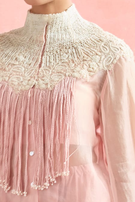 Buy Anamika Khanna Pink Silk Embroidery, Beads High Neck Floral Shirt And Cowl Pant Set Online at Aza Fashions Buy_Anamika Khanna_Pink Silk Embroidery, Beads High Neck Floral Shirt And Cowl Pant Set_Online_at_Aza_Fashions