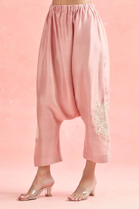 Shop Anamika Khanna Pink Silk Embroidery, Beads High Neck Floral Shirt And Cowl Pant Set Online at Aza Fashions Shop_Anamika Khanna_Pink Silk Embroidery, Beads High Neck Floral Shirt And Cowl Pant Set_Online_at_Aza_Fashions