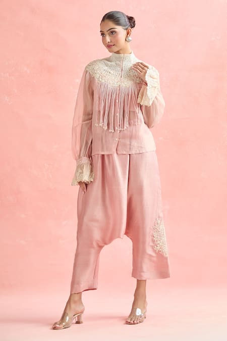 Anamika Khanna Pink Silk Embroidery, Beads High Neck Floral Shirt And Cowl Pant Set at Aza Fashions Anamika Khanna_Pink Silk Embroidery, Beads High Neck Floral Shirt And Cowl Pant Set_at_Aza_Fashions