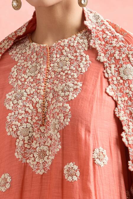 Anamika Khanna Coral Chanderi Embroidery, Zari Round Neck Butti Kurta Sharara Set Online at Aza Fashions Anamika Khanna_Coral Chanderi Embroidery, Zari Round Neck Butti Kurta Sharara Set_Online_at_Aza_Fashions