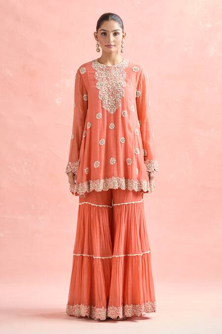 Buy Anamika Khanna Coral Chanderi Embroidery, Zari Round Neck Butti Kurta Sharara Set Online at Aza Fashions Buy_Anamika Khanna_Coral Chanderi Embroidery, Zari Round Neck Butti Kurta Sharara Set_Online_at_Aza_Fashions