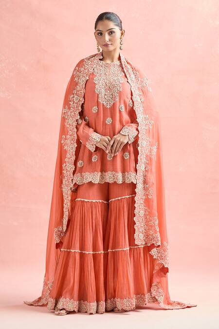 Shop Anamika Khanna Coral Chanderi Embroidery, Zari Round Neck Butti Kurta Sharara Set Online at Aza Fashions Shop_Anamika Khanna_Coral Chanderi Embroidery, Zari Round Neck Butti Kurta Sharara Set_Online_at_Aza_Fashions