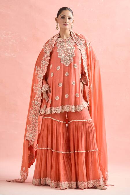Anamika Khanna Coral Chanderi Embroidery, Zari Round Neck Butti Kurta Sharara Set at Aza Fashions Anamika Khanna_Coral Chanderi Embroidery, Zari Round Neck Butti Kurta Sharara Set_at_Aza_Fashions