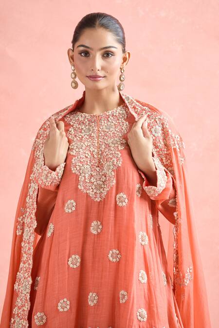 Buy Anamika Khanna Coral Chanderi Embroidery, Zari Round Neck Butti Kurta Sharara Set Buy_Anamika Khanna_Coral Chanderi Embroidery, Zari Round Neck Butti Kurta Sharara Set
