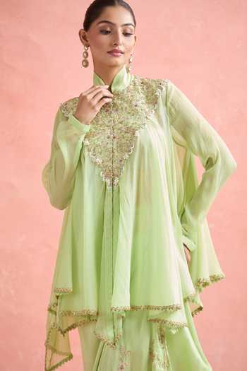 Anamika Khanna_Green Chiffon Embroidery, Sequins, Zari Floral Zardozi Tunic And Draped Skirt _Online_at_Aza_Fashions