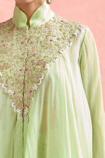 Buy_Anamika Khanna_Green Chiffon Embroidery, Sequins, Zari Floral Zardozi Tunic And Draped Skirt _Online_at_Aza_Fashions