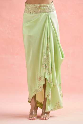 Shop_Anamika Khanna_Green Chiffon Embroidery, Sequins, Zari Floral Zardozi Tunic And Draped Skirt _Online_at_Aza_Fashions