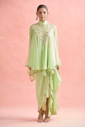 Anamika Khanna_Green Chiffon Embroidery, Sequins, Zari Floral Zardozi Tunic And Draped Skirt _at_Aza_Fashions