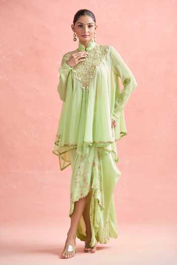 Buy_Anamika Khanna_Green Chiffon Embroidery, Sequins, Zari Floral Zardozi Tunic And Draped Skirt 