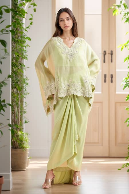 Anamika Khanna Floral Embroidered Sheer Tunic & Skirt Set 