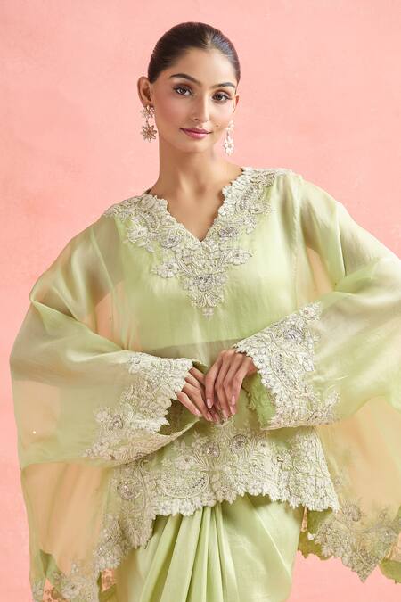 Anamika Khanna_Green Chiffon, Silk Embroidery, Zari V-neck Mint Floral Tunic And Skirt Set_Online_at_Aza_Fashions