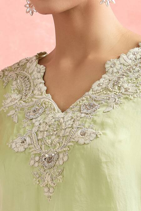 Buy_Anamika Khanna_Green Chiffon, Silk Embroidery, Zari V-neck Mint Floral Tunic And Skirt Set_Online_at_Aza_Fashions