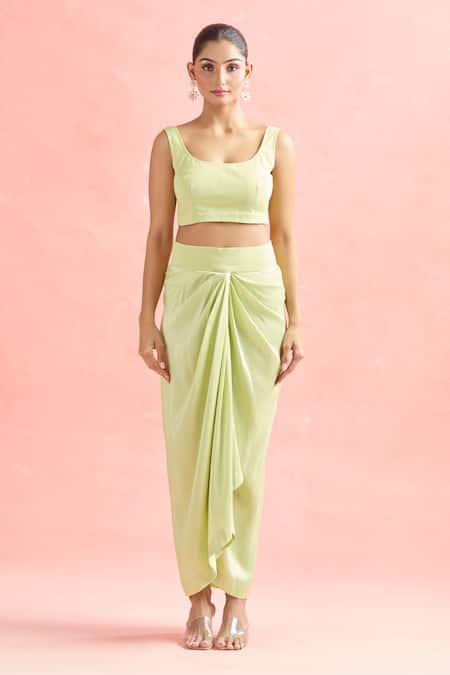 Shop_Anamika Khanna_Green Chiffon, Silk Embroidery, Zari V-neck Mint Floral Tunic And Skirt Set_Online_at_Aza_Fashions