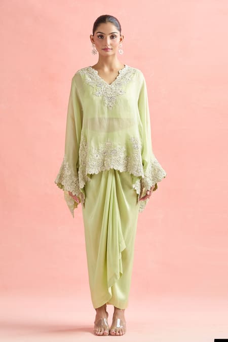Anamika Khanna_Green Chiffon, Silk Embroidery, Zari V-neck Mint Floral Tunic And Skirt Set_at_Aza_Fashions