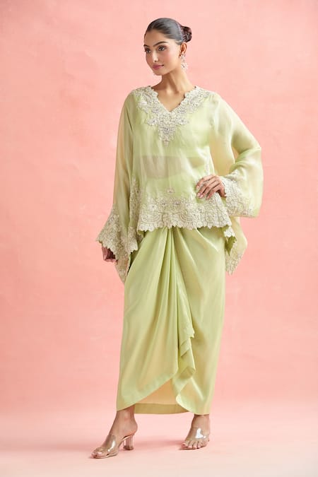 Buy_Anamika Khanna_Green Chiffon, Silk Embroidery, Zari V-neck Mint Floral Tunic And Skirt Set