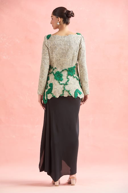 Shop Anamika Khanna Silver Silk, Polyester Beads, Zari, Floral Embroidered Jacket And Skirt Set at Aza Fashions Shop_Anamika Khanna_Silver Silk, Polyester Beads, Zari, Floral Embroidered Jacket And Skirt Set_at_Aza_Fashions
