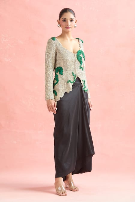 Anamika Khanna Silver Silk, Polyester Beads, Zari, Floral Embroidered Jacket And Skirt Set Online at Aza Fashions Anamika Khanna_Silver Silk, Polyester Beads, Zari, Floral Embroidered Jacket And Skirt Set_Online_at_Aza_Fashions