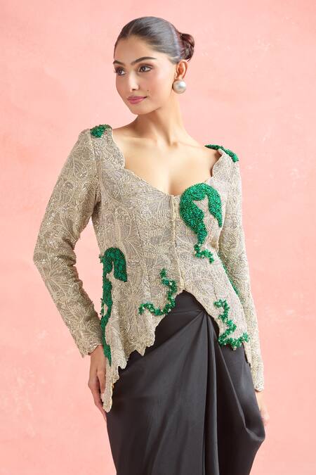 Shop Anamika Khanna Silver Silk, Polyester Beads, Zari, Floral Embroidered Jacket And Skirt Set Online at Aza Fashions Shop_Anamika Khanna_Silver Silk, Polyester Beads, Zari, Floral Embroidered Jacket And Skirt Set_Online_at_Aza_Fashions