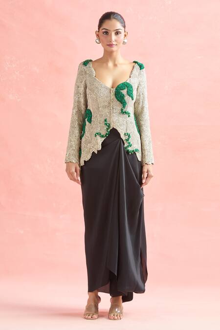 Anamika Khanna Silver Silk, Polyester Beads, Zari, Floral Embroidered Jacket And Skirt Set at Aza Fashions Anamika Khanna_Silver Silk, Polyester Beads, Zari, Floral Embroidered Jacket And Skirt Set_at_Aza_Fashions