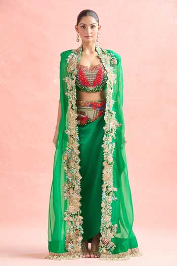 Anamika Khanna_Green Georgette, Chiffon Beads, Floral Tribal Embroidered Cape And Skirt Set _Online_at_Aza_Fashions