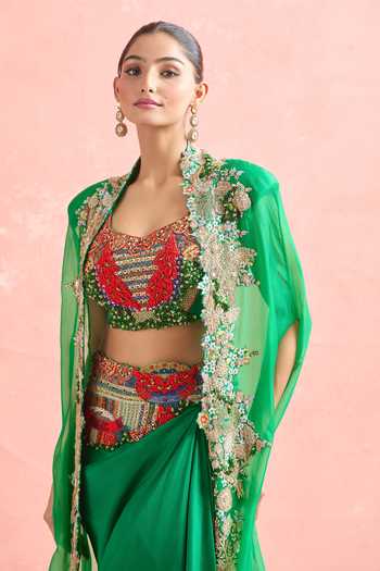 Buy_Anamika Khanna_Green Georgette, Chiffon Beads, Floral Tribal Embroidered Cape And Skirt Set _Online_at_Aza_Fashions